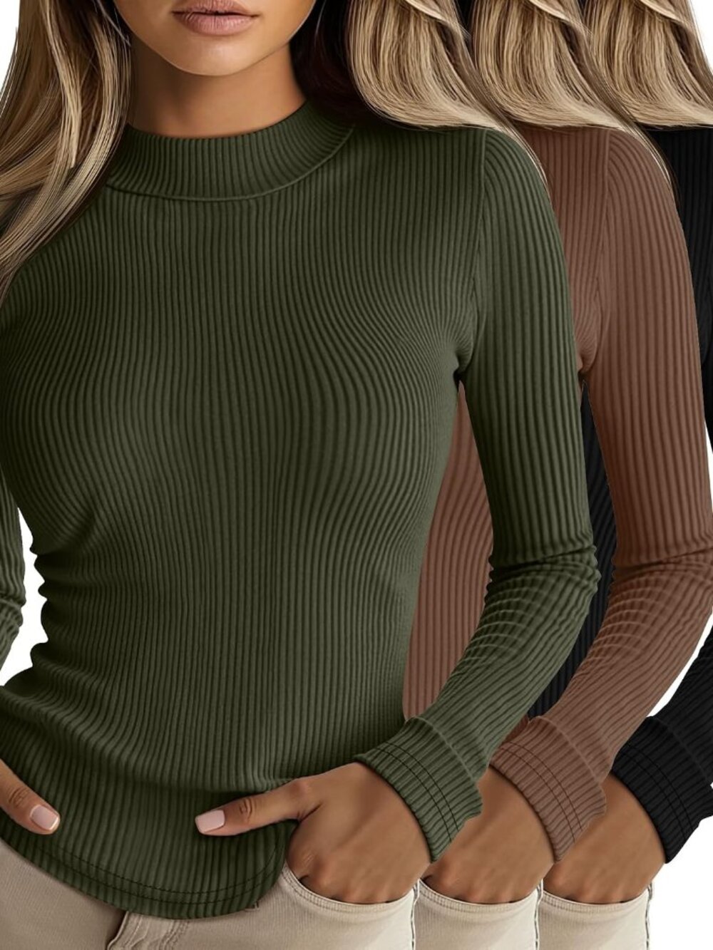 3 Pack Women's Mock Neck Tops Ribbed Long Sleeve Shirts